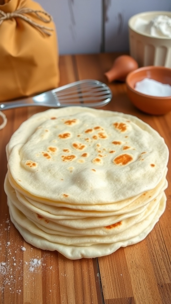 Freshly made tortillas stacked on a wooden table.